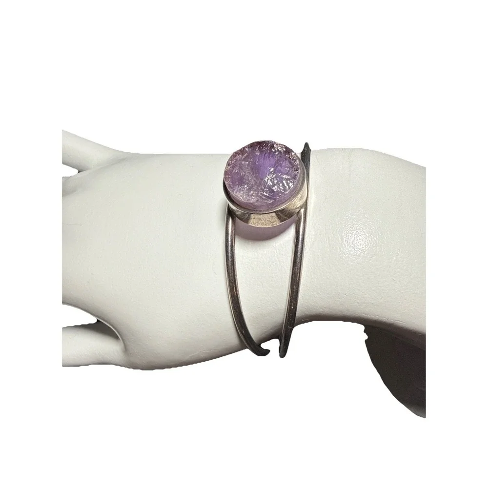 925 Sterling Silver Cuff Bracelet W Raw Amethyst Round Stone Denmark‎ J20-1